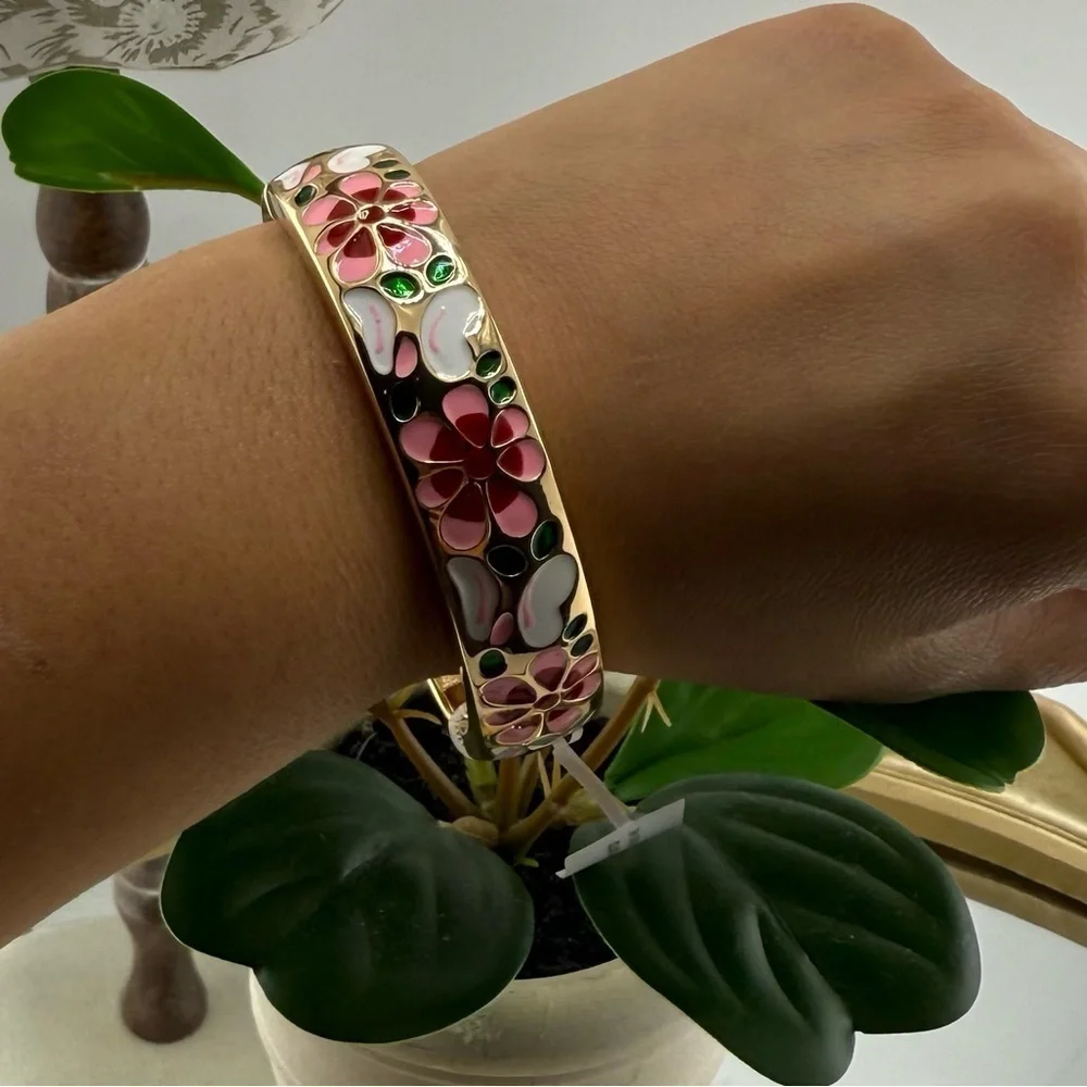 Hand Painted Floral Enamel Bangle with Gold Accents